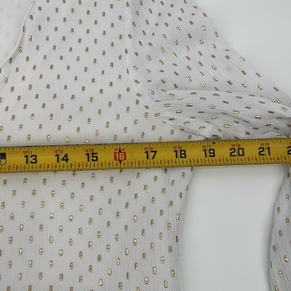 White V-neck Long Sleeve Blouse with Embossed Gold Print Women's size Small - Picture 4 of 7